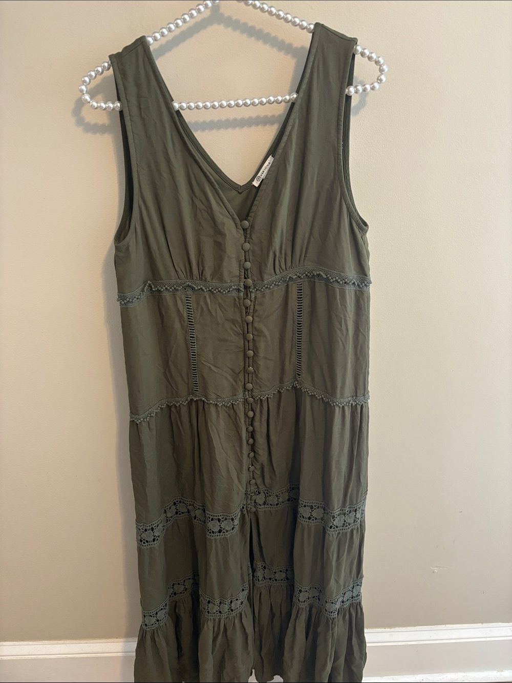 Versona Dress Large L Olive Green Maxi Tiered Crochet Lace Boho Sleeveless